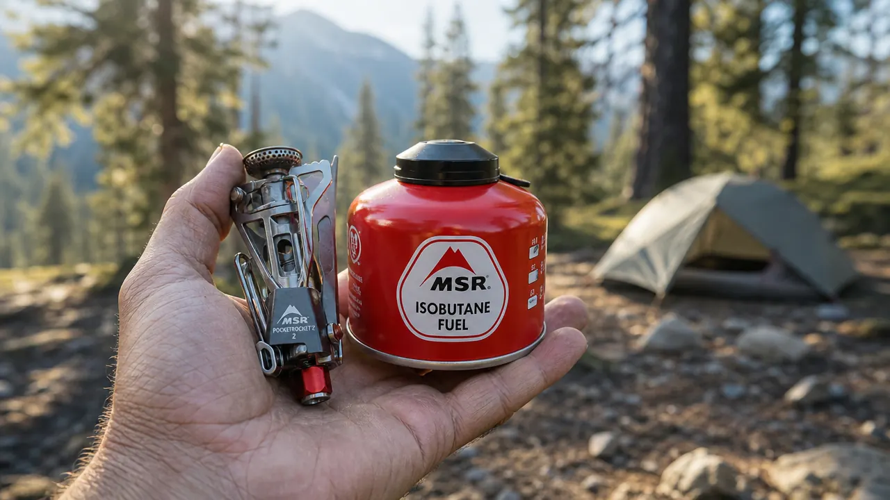 MSR PocketRocket 2 stove folded and held in an open palm next to a standard isobutane canister