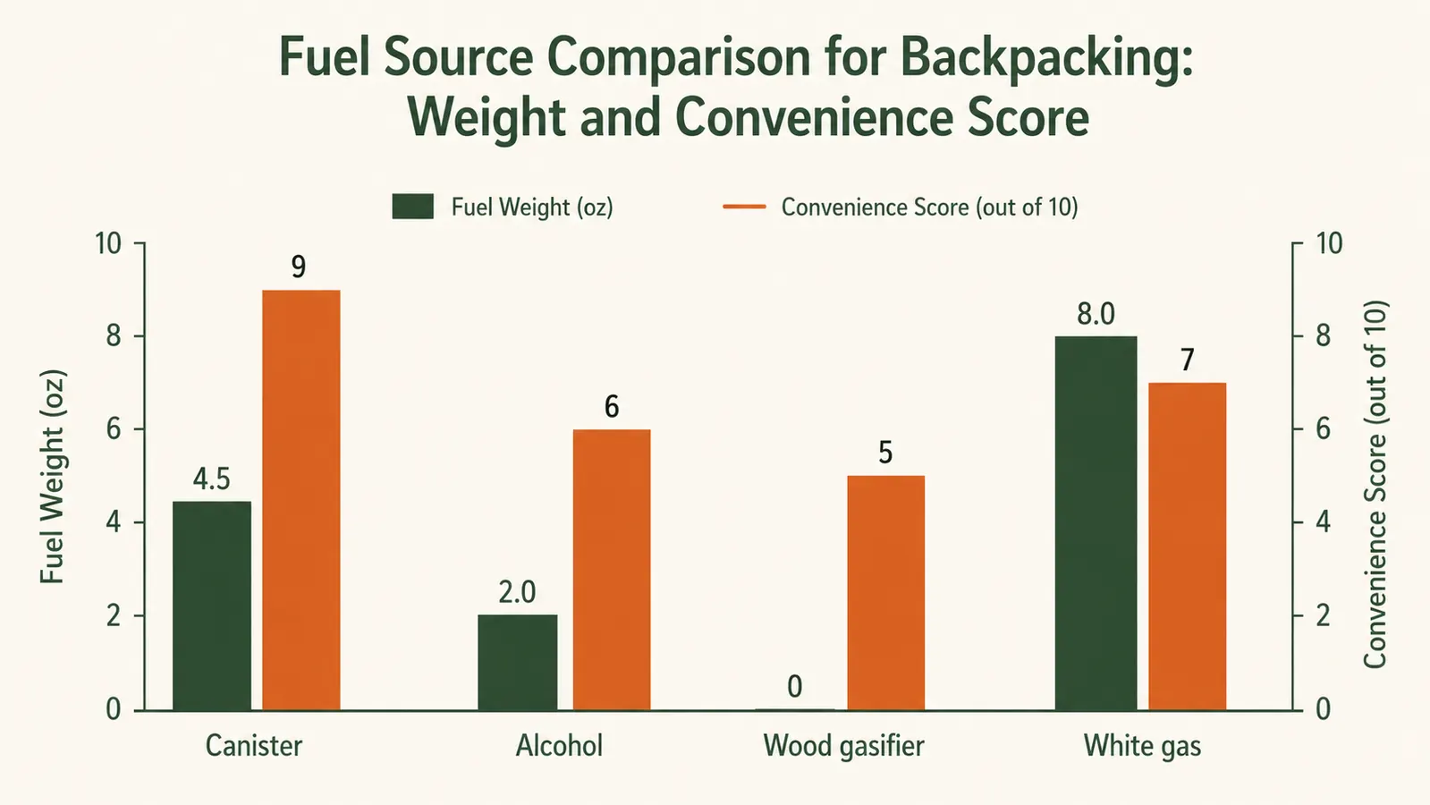 Weight comparison chart showing canister stove system versus white gas stove and alcohol stove by grams
