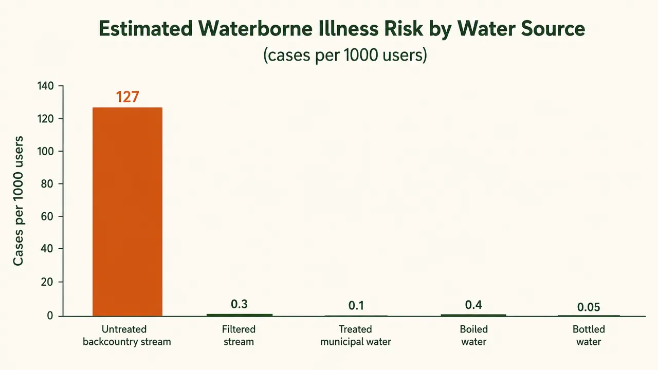 Infographic comparing the weight of a LifeStraw water filter (2 oz) to the weight of four full 1-liter water bottles (over 8 lbs)