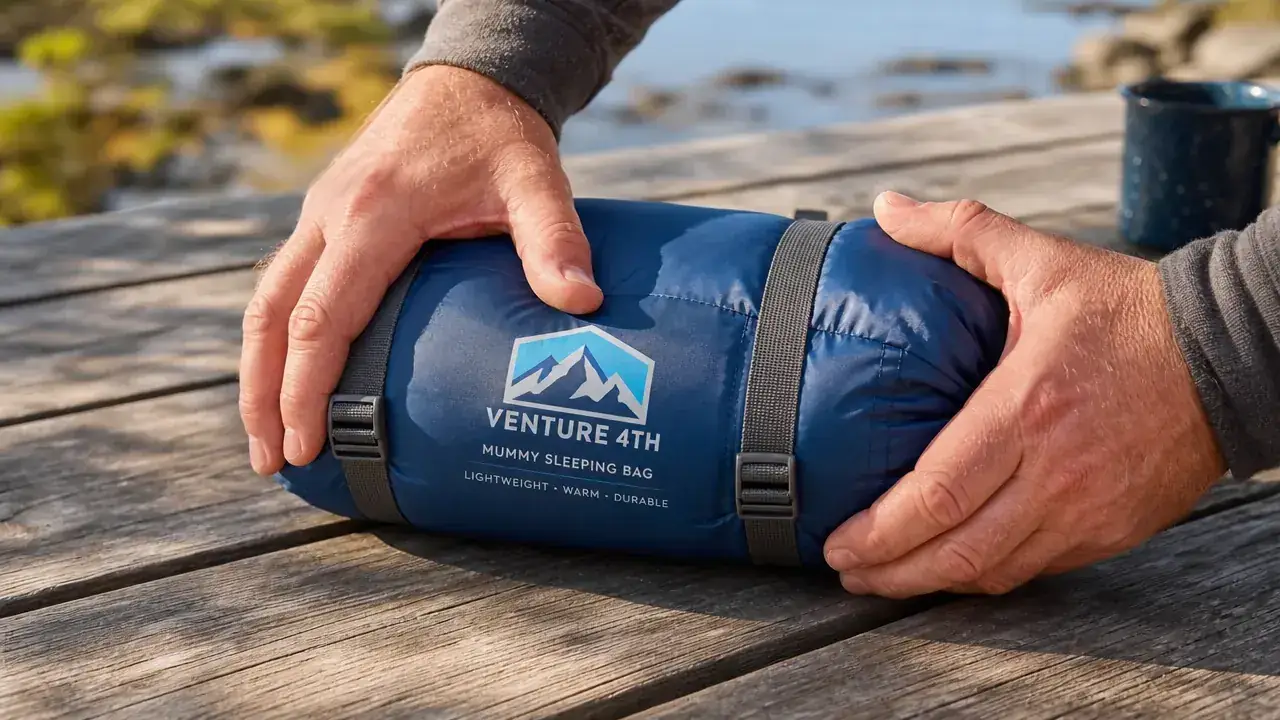 VENTURE 4TH mummy sleeping bag being stuffed into a compression sack on a picnic table