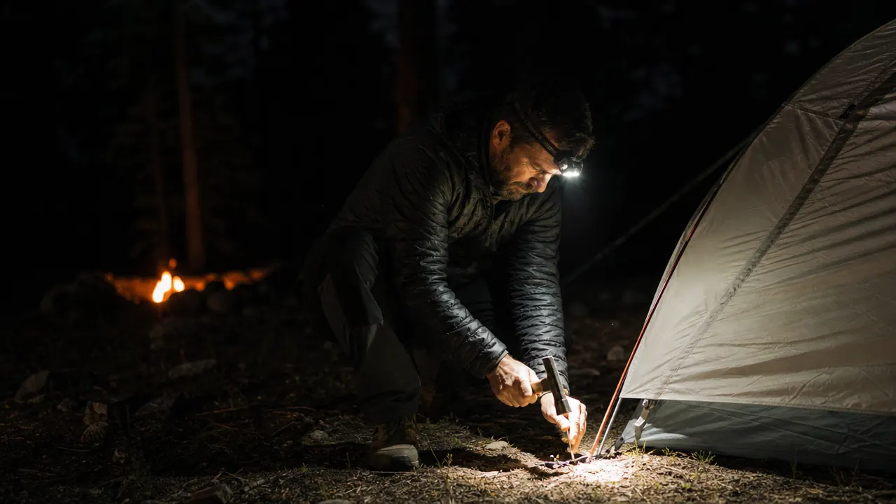 Backpacker hiking a rocky trail at night lit by a headlamp beam cutting through darkness