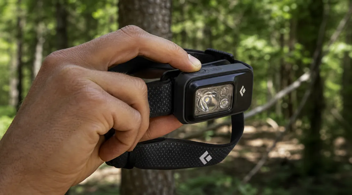 Close-up of the Black Diamond Spot 400 control buttons and mode indicator light, hand pressing the rear PowerTap button