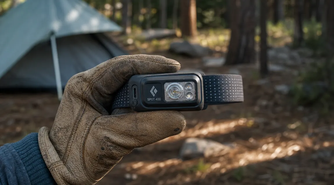 Close-up of the Black Diamond Spot 400 headlamp being held in a hand, showing the USB-C charging port and front bezel