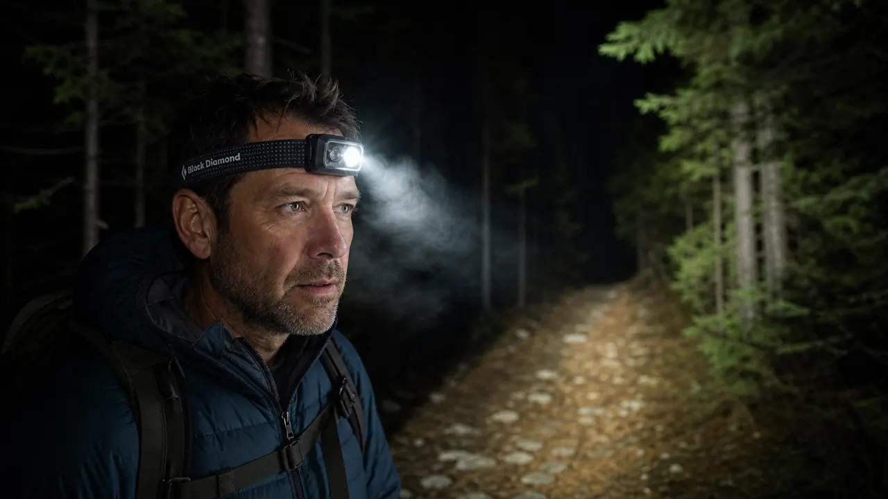 Black Diamond Spot 400 headlamp strapped to a backpacker's head on a night trail