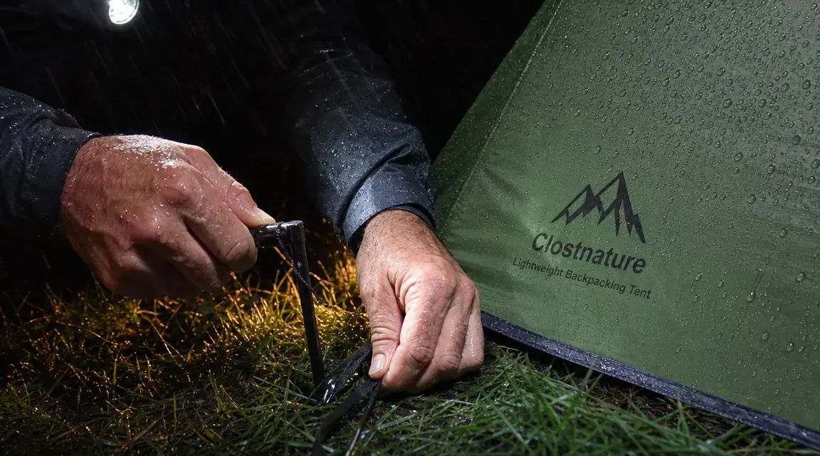 Hiker's hands staking down a tent corner in wet grass near a trailhead