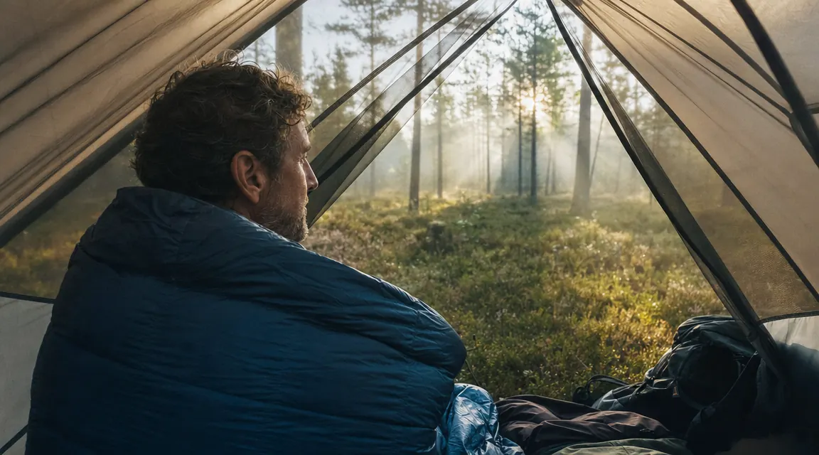 A backpacker drinking coffee at a camp table next to a pitched tent on a misty morning after rain