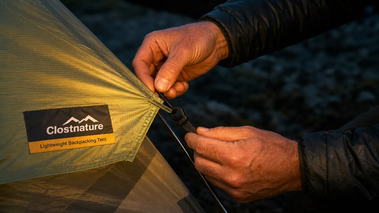 Hands clipping the rain fly buckles on a Clostnature tent in the dark
