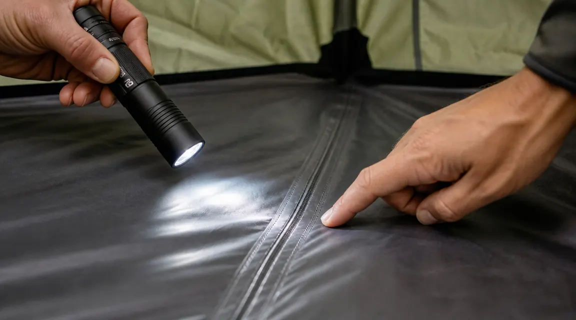 Condensation on the inner mesh ceiling of a backpacking tent in the morning