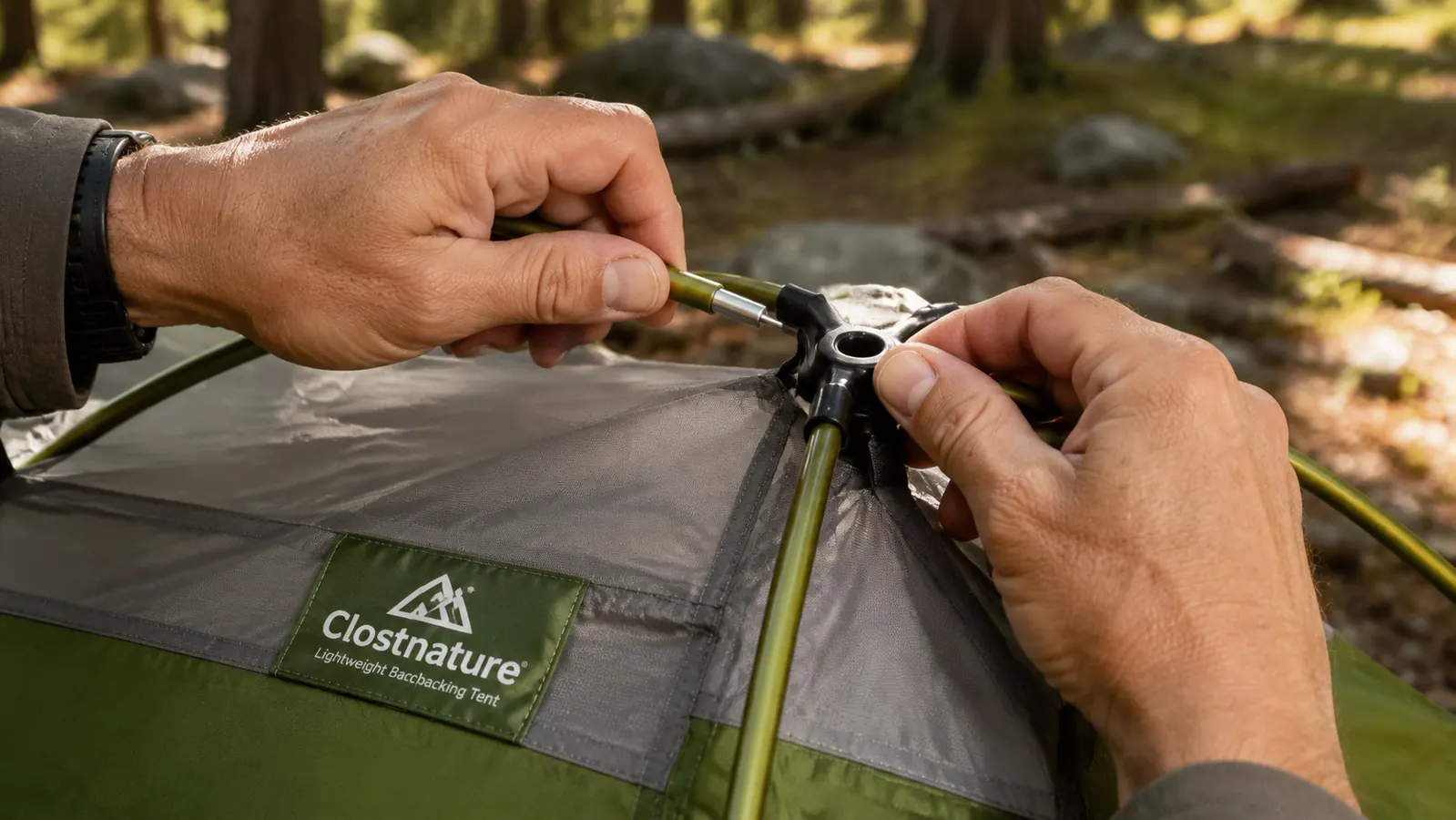 Hands clipping the Clostnature tent pole into the hub connection point during setup