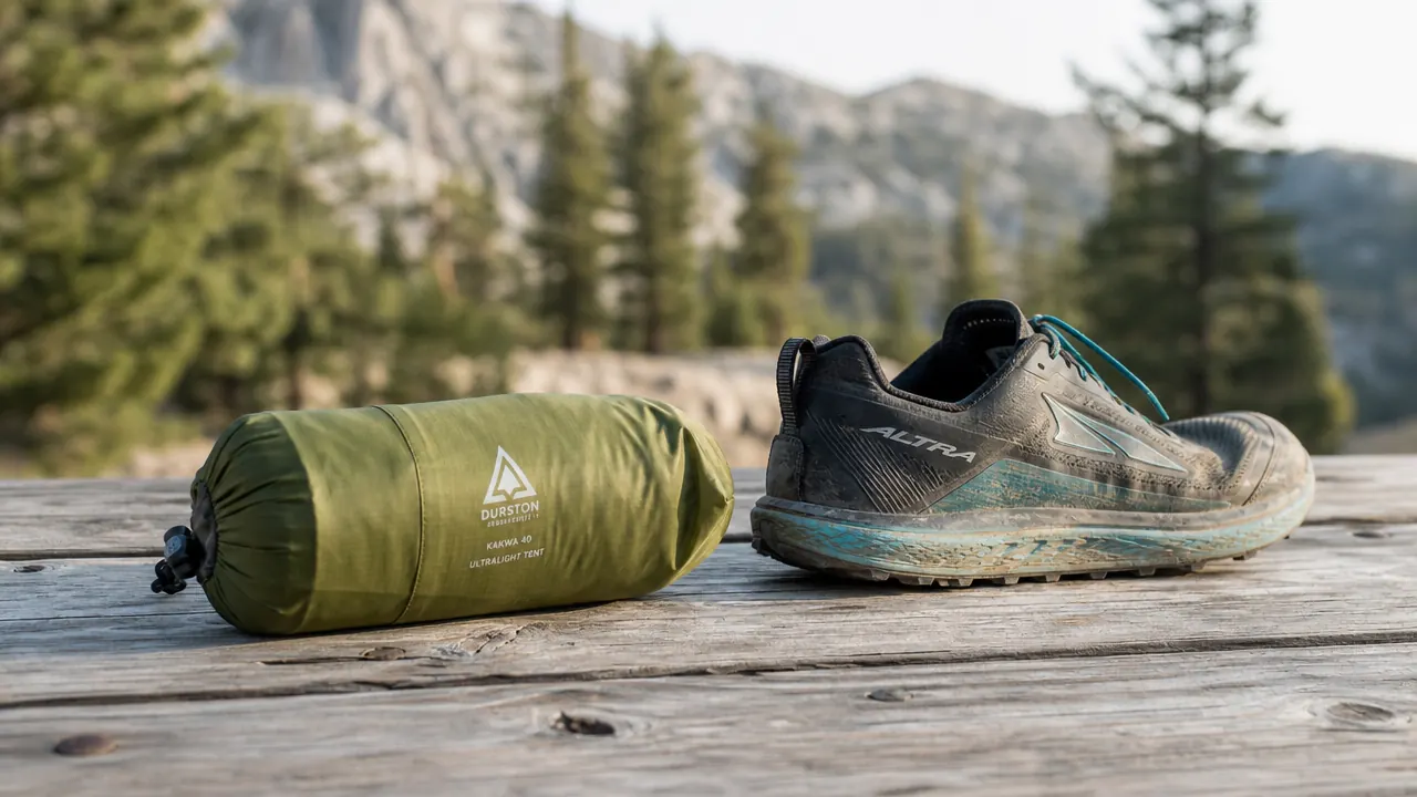 Packed Clostnature tent next to a hiking boot for scale, showing the compact stuffed size