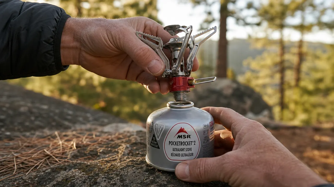 Hand attaching MSR PocketRocket 2 stove head to an isobutane canister on a camp table