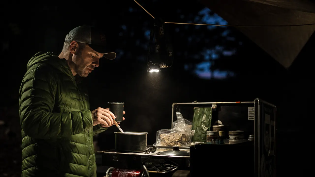 Organized camping gear laid out on a picnic table under headlamp light - tent bag, sleeping bag, camp shoes, cook kit