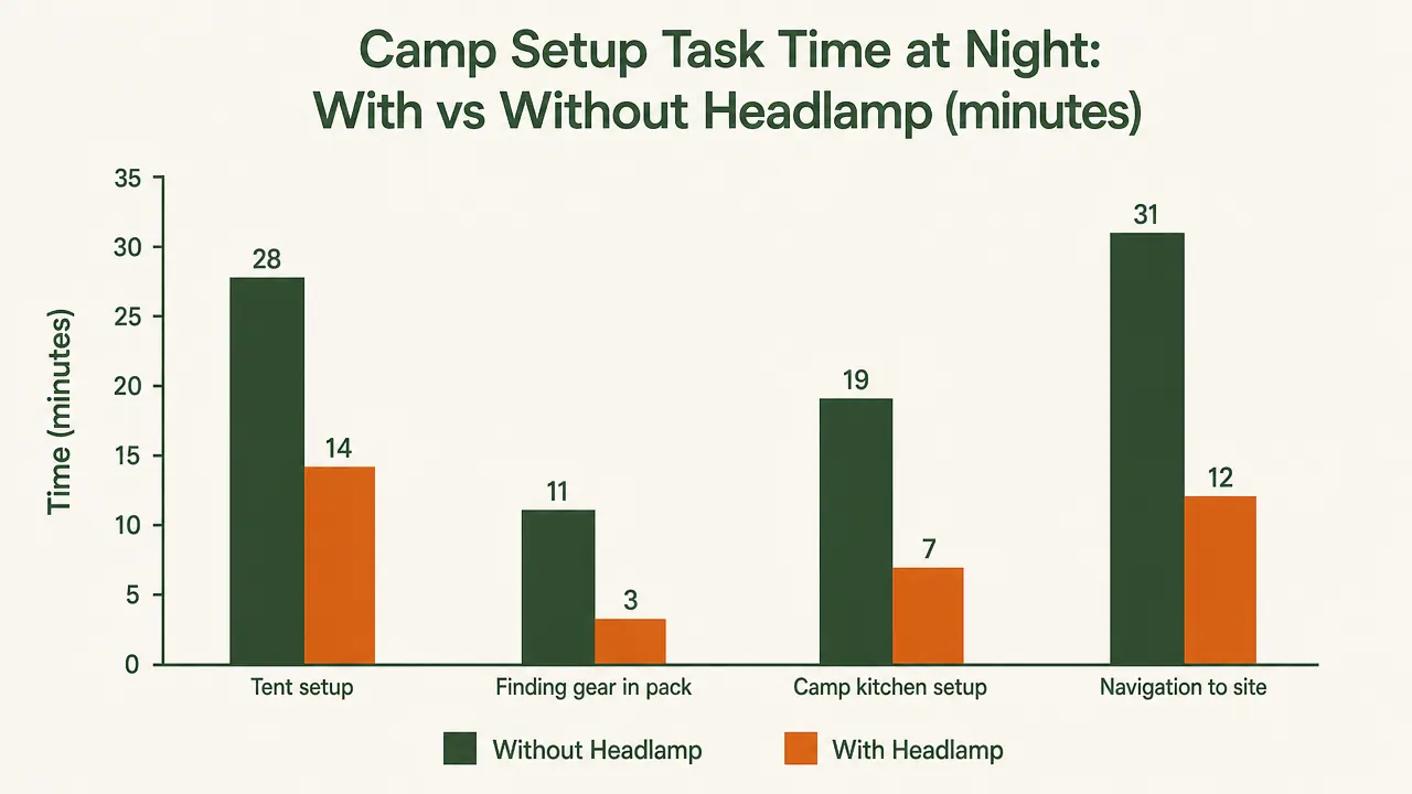 Chart showing headlamp lumen requirements for five common after-dark camp tasks from reading at 30 lumens to trail walking at 200 lumens