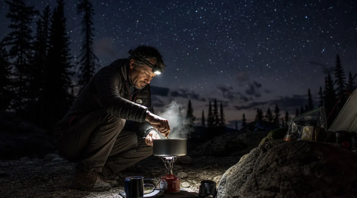 Camper using red-light mode on a headlamp inside a tent to avoid waking a tent partner