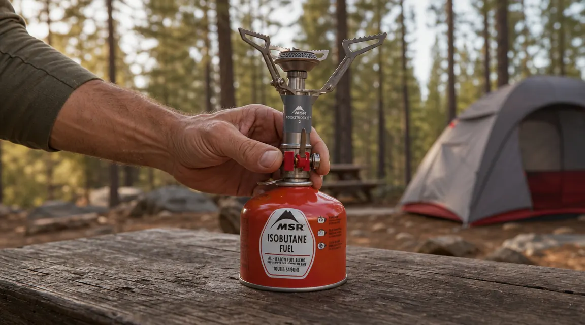 Hand screwing MSR PocketRocket 2 stove onto an isobutane fuel canister at a picnic table with a backpack in the background