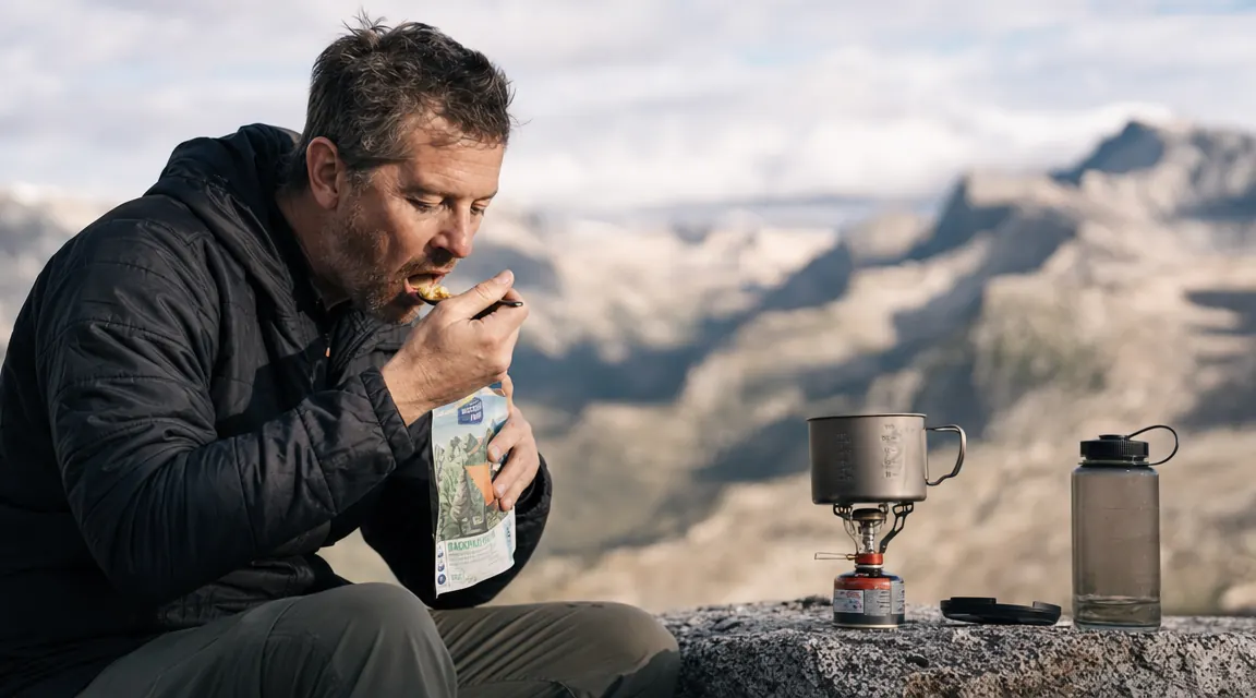 Backpacker cooking a meal at a mountain campsite at dusk, small canister stove glowing under a lightweight pot