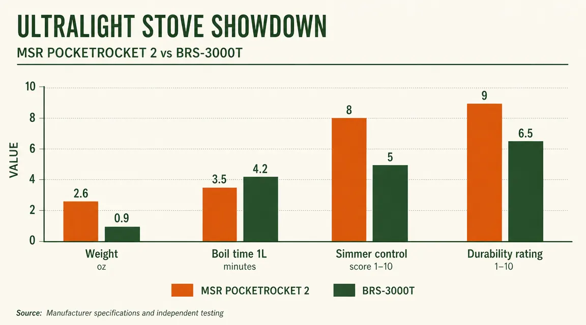 Side-by-side comparison chart of MSR PocketRocket 2 vs BRS-3000T specs including weight, boil time, and price