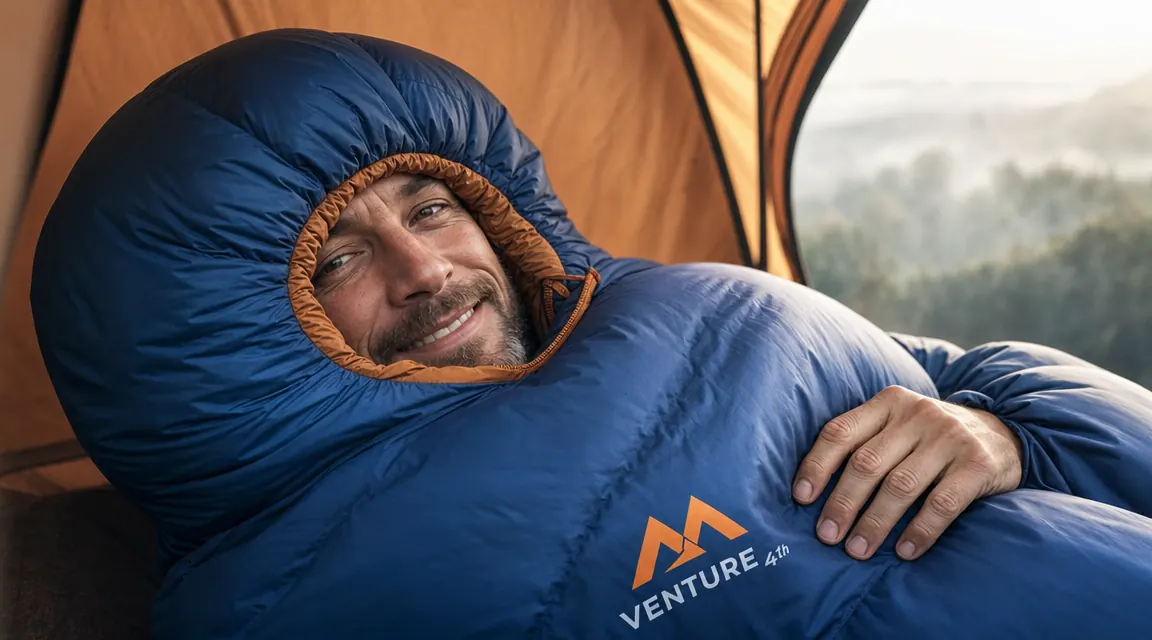 Close-up of a mummy sleeping bag hood pulled tight around a smiling person's face in the early morning